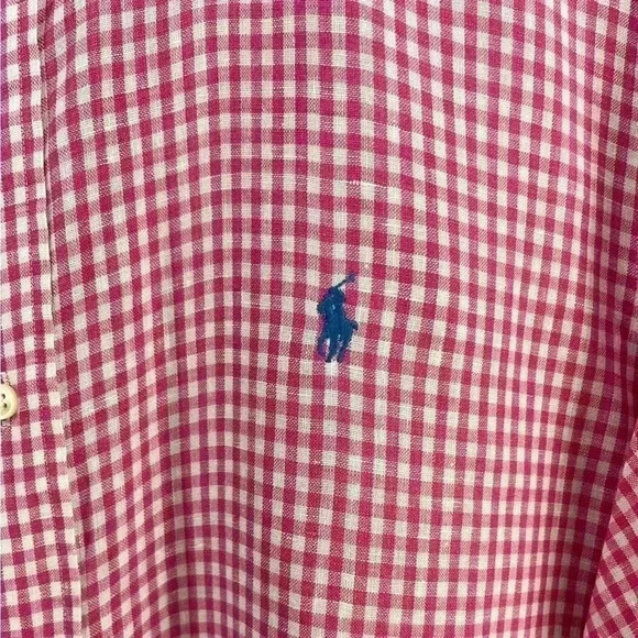Ralph Lauren Men’s 100% Linen Short Sleeve  button shirt  Pink white  blue pony - Picture 3 of 5